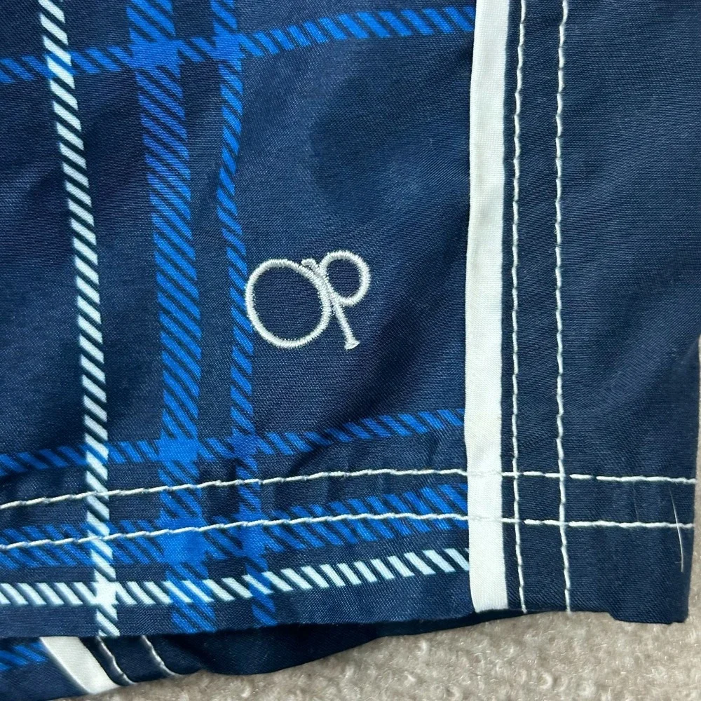 Ocean Pacific Swim Trunks Shorts Mens Large Navy Blue Plaid Mesh Lined Surfing